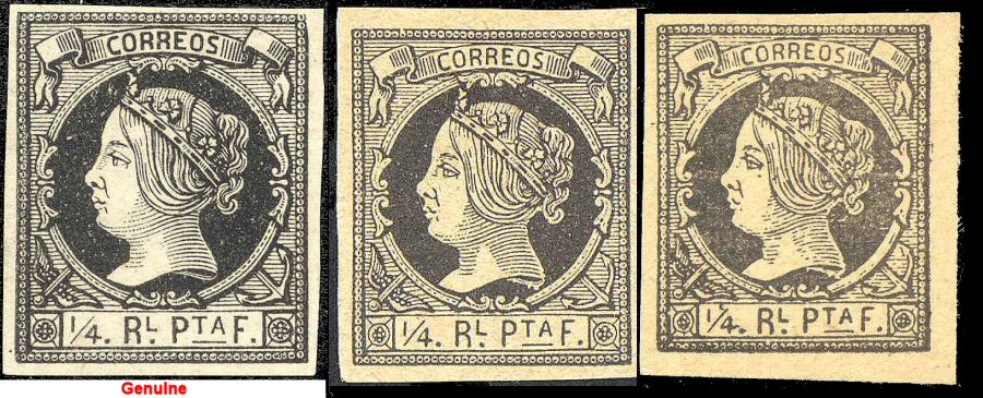 Genuine on left; two forgeries on right