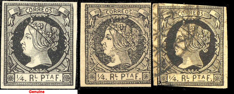 Genuine on left; two forgeries on right