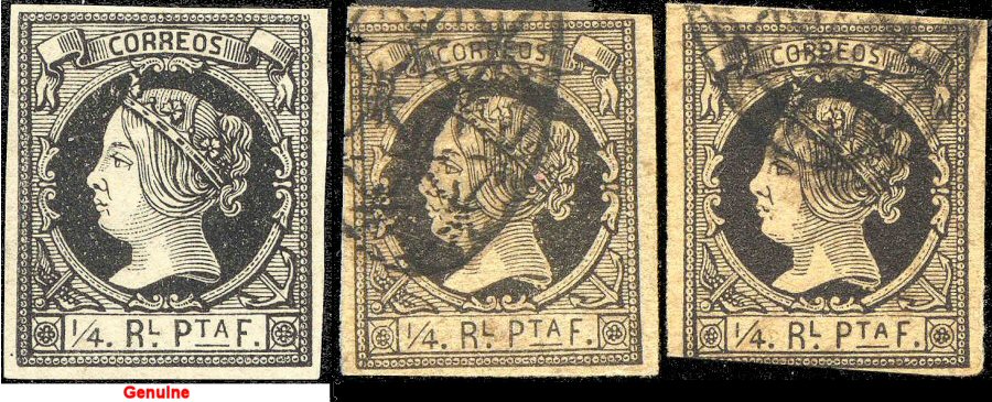 Genuine on left; two forgeries on right