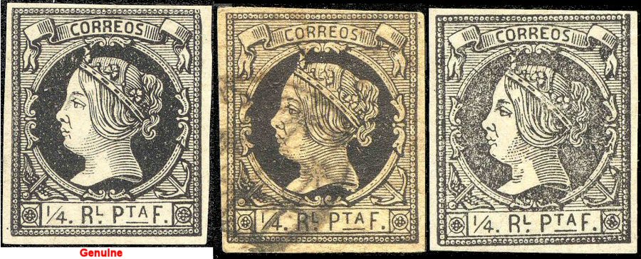 Genuine on left; two forgeries on right