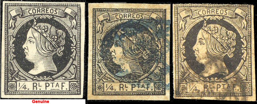 Genuine on left; two forgeries on right