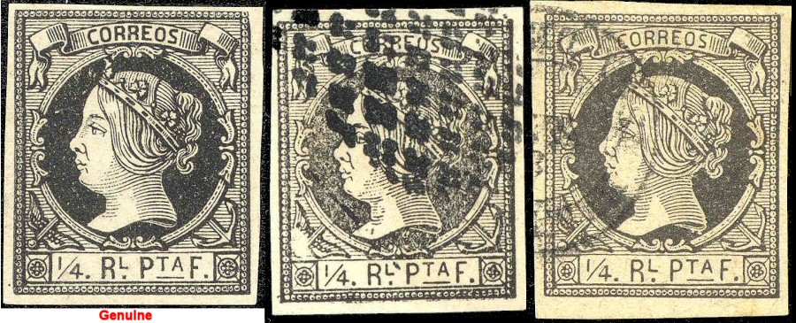 Genuine on left; two forgeries on right
