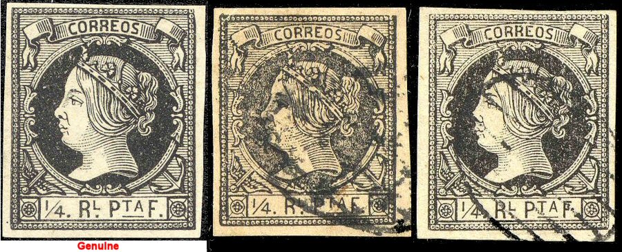 Genuine on left; two forgeries on right